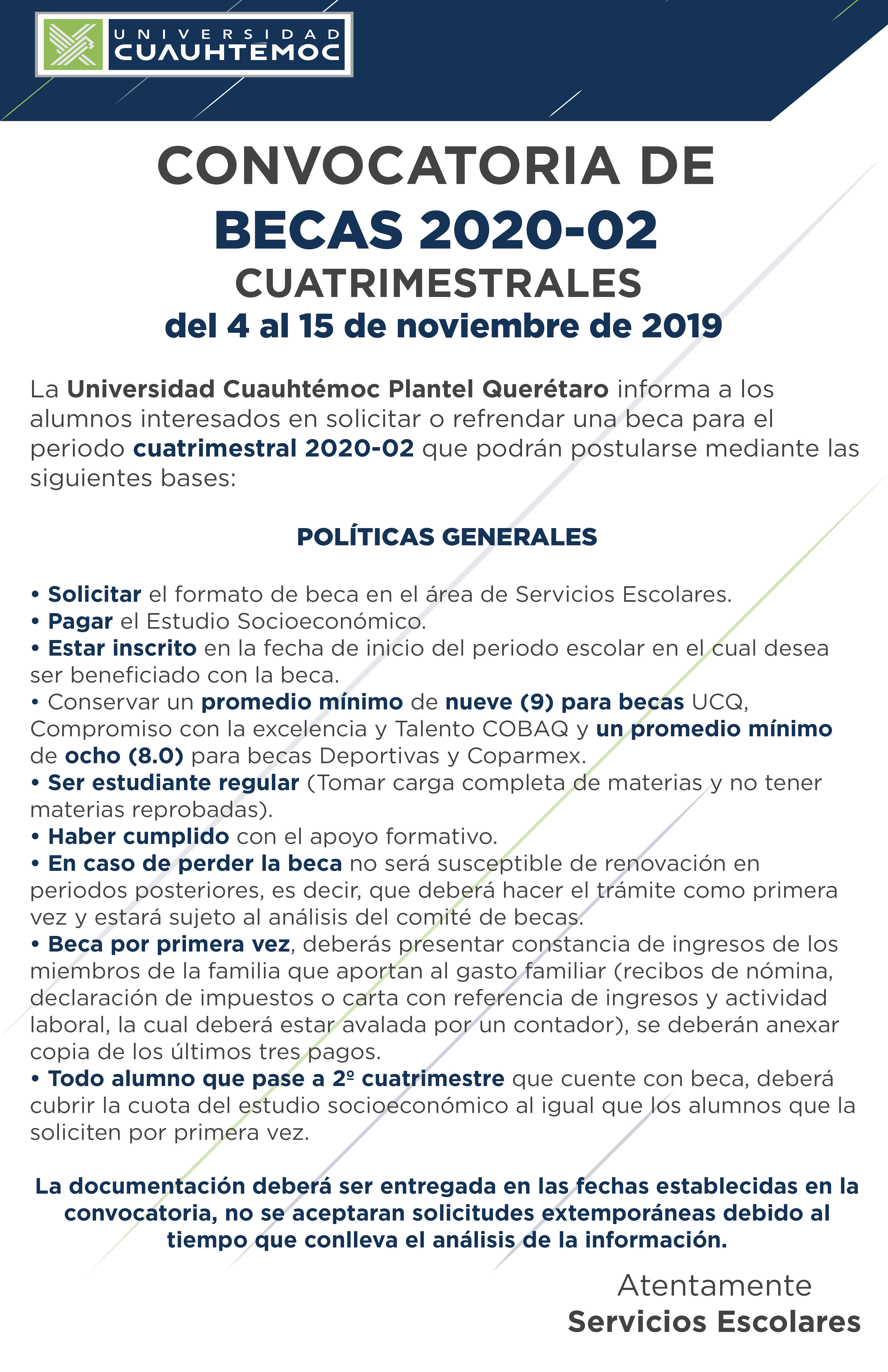 Convocatoria de Becas Cuatrimestrales 2020-02