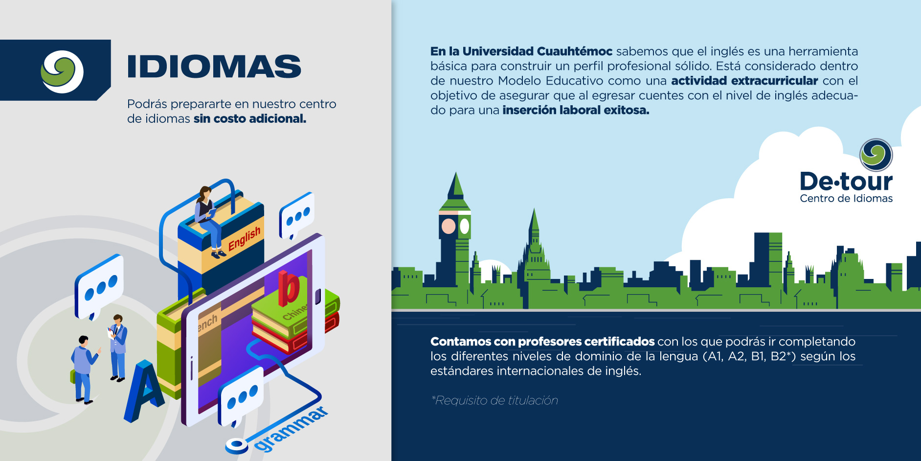 No pierdas la gran oportunidad de aprender otro idioma en el Centro de Idiomas De.tour, que es parte de la Universidad Cuauhtémoc. 