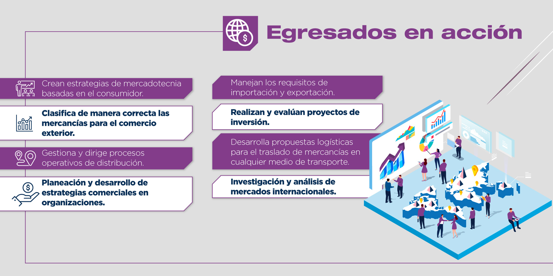 Como egresado de la licenciatura en Comercio y Logística Internacional tendrás a tu alcance un campo laboral muy amplio y con muchas oportunidades. 