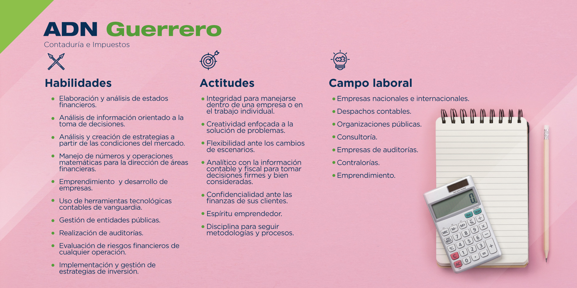 En la licenciatura en Contaduría e Impuestos desarrollarás diferentes habilidades y actitudes que necesitarás para desenvolverte en diferentes áreas de trabajo.