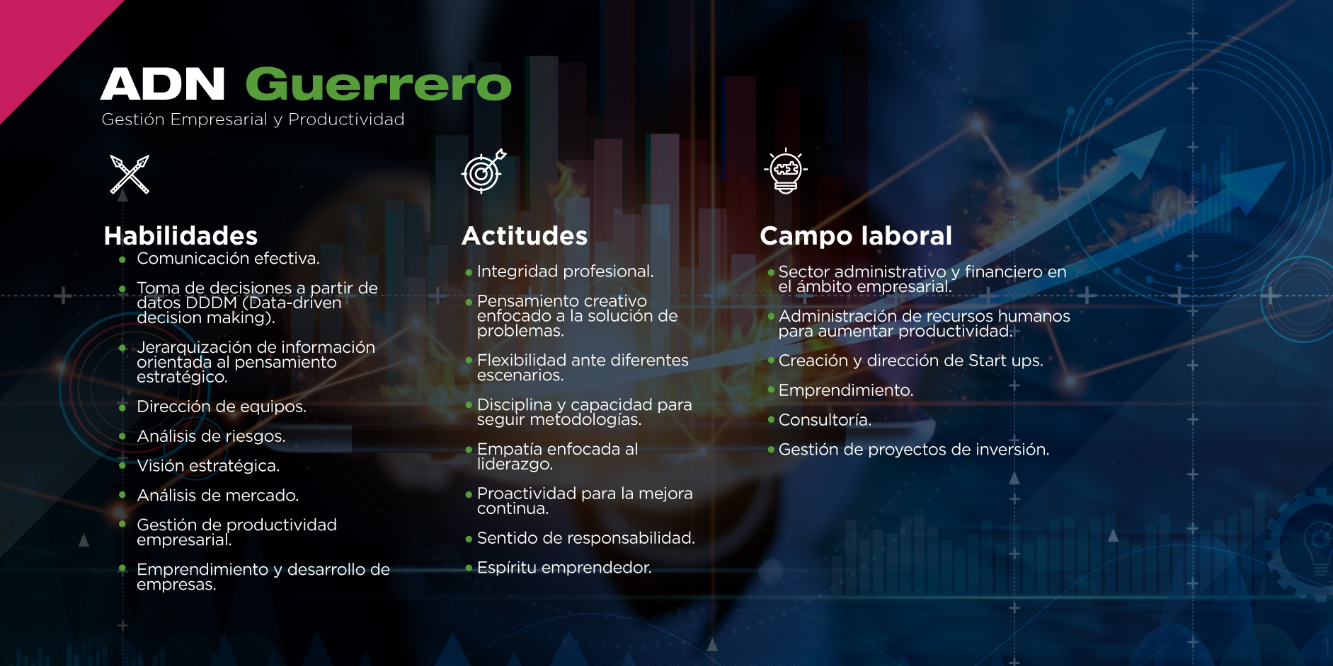 ¿Quieres conocer las habilidades y actitudes que desarrollarás en la licenciatura en Gestión Empresarial y Productividad? Te aseguramos que te convertirán en un gran guerrero.