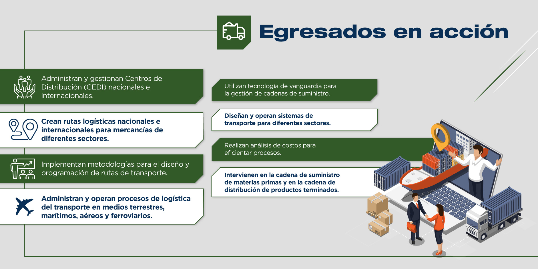 Como ingeniero en Logística del Transporte y Cadenas de Suministro estarás capacitado para llevar a cabo diversas actividades en el tan competido campo laboral. 