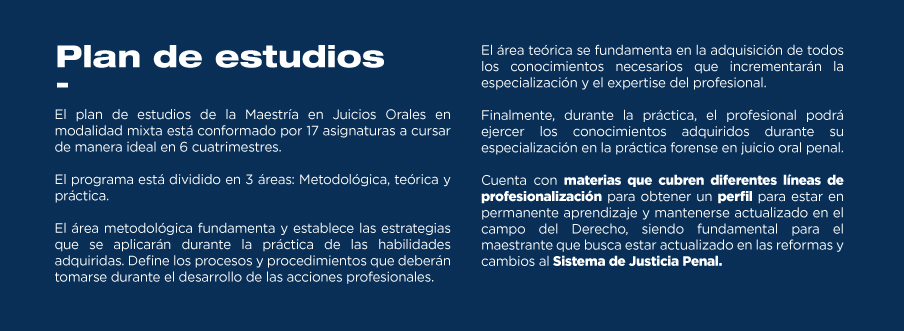 El plan de estudios de la Maestria en Juicios Orales es innovador, atractivo y completo. ¿Te gustaría conocerlo para conocer mejor este programa?